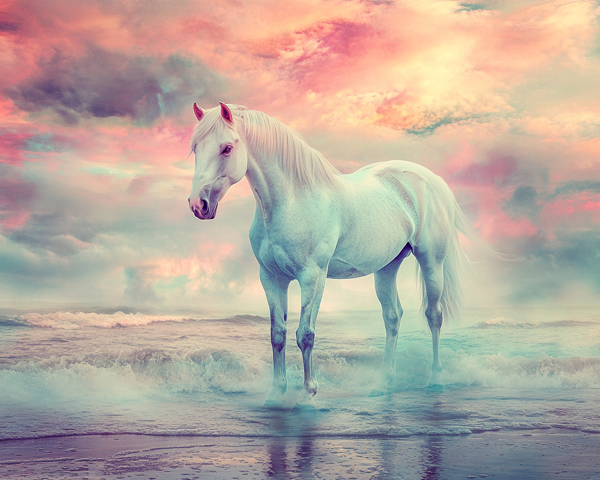 A white horse gazes at the sea horizon.