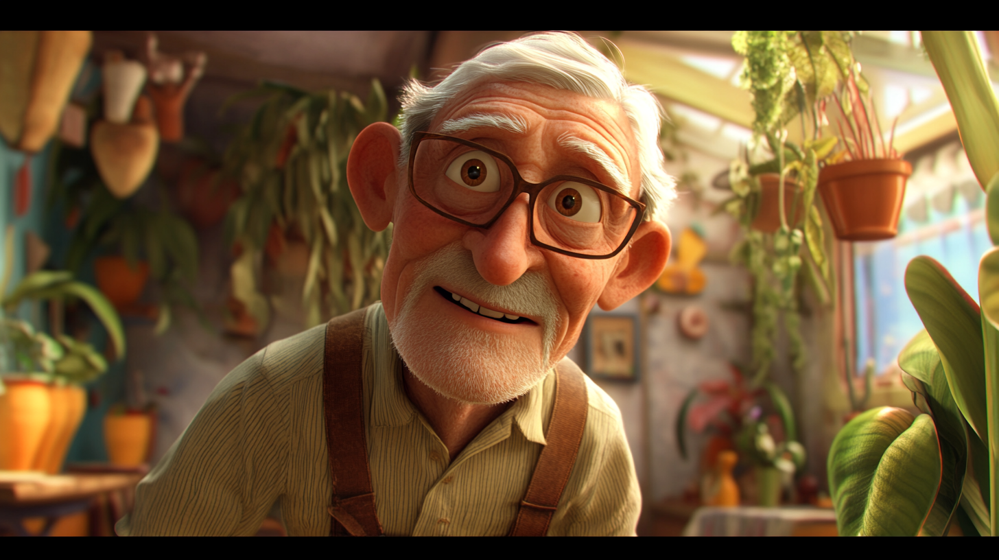 A wise grandpa in animated scene with chaotic jungle.