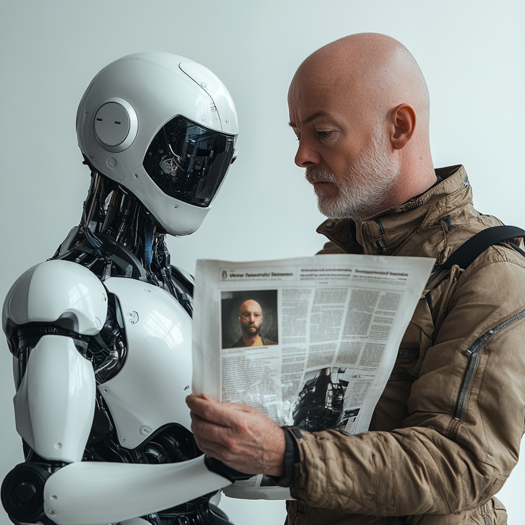 AI Robot presents hologram newspaper to Swedish man