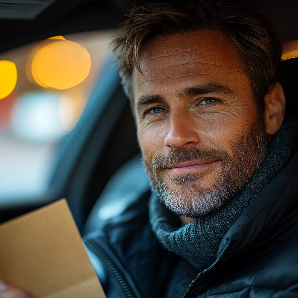 ALT Image Text: Middle-aged man in car, handing over money calmly.