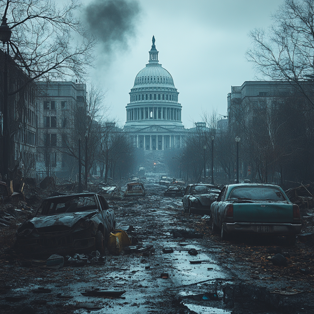 Abandoned D.C. streets in economic collapse, photorealistic Cinematic photography.