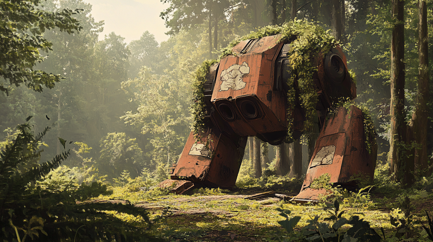 Abandoned giant robot in forest covered in nature.