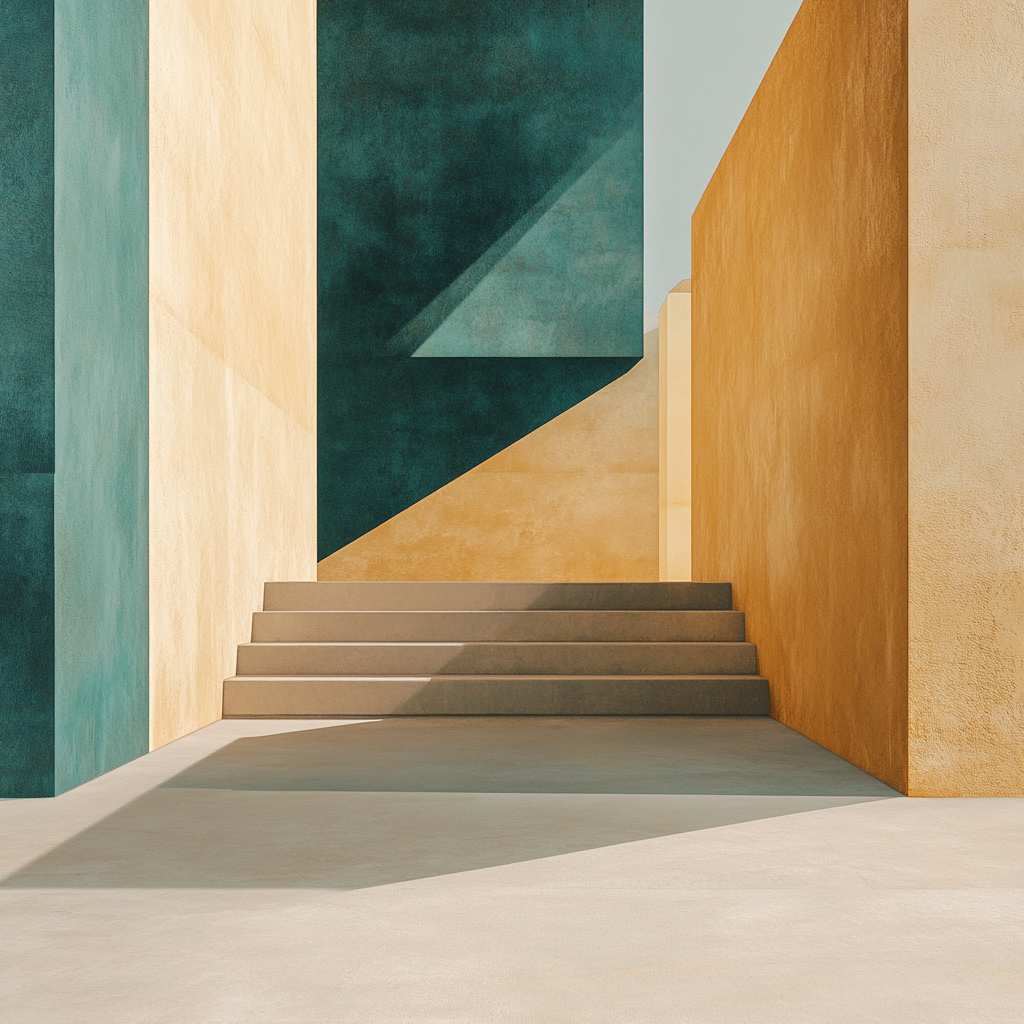 Abstract architectural design with warm ochre, teal, and beige.