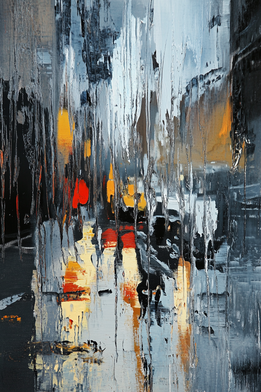 Abstract art of city rainstorm, muted colors, calming mood.