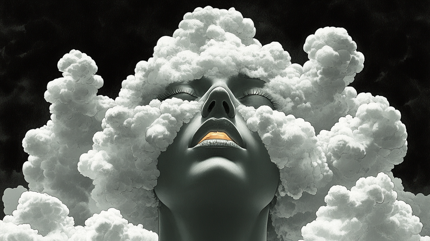 Abstract metaphor: white clouds cover woman's head.