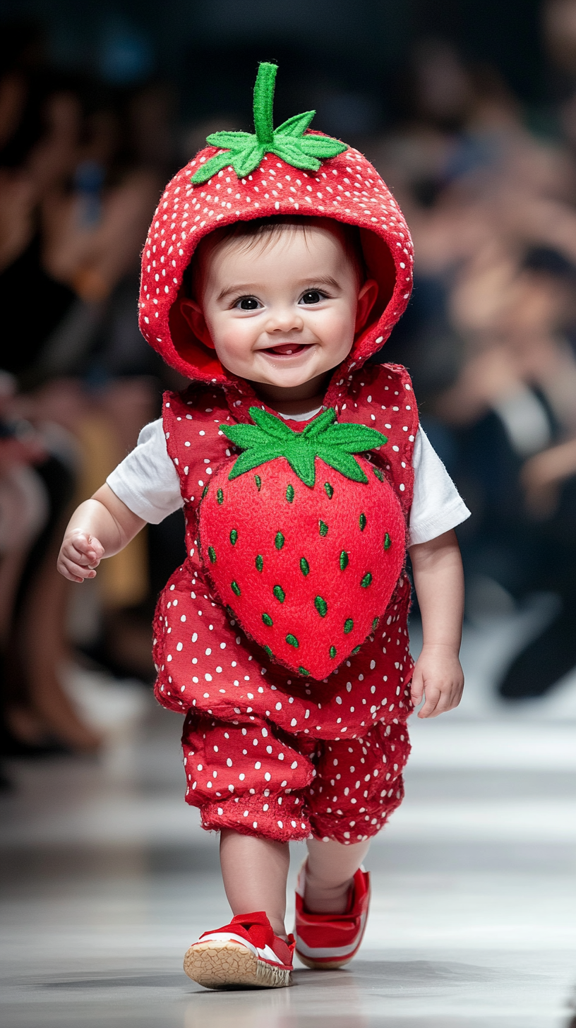 Adorable baby in strawberry costume at Paris Fashion Week.