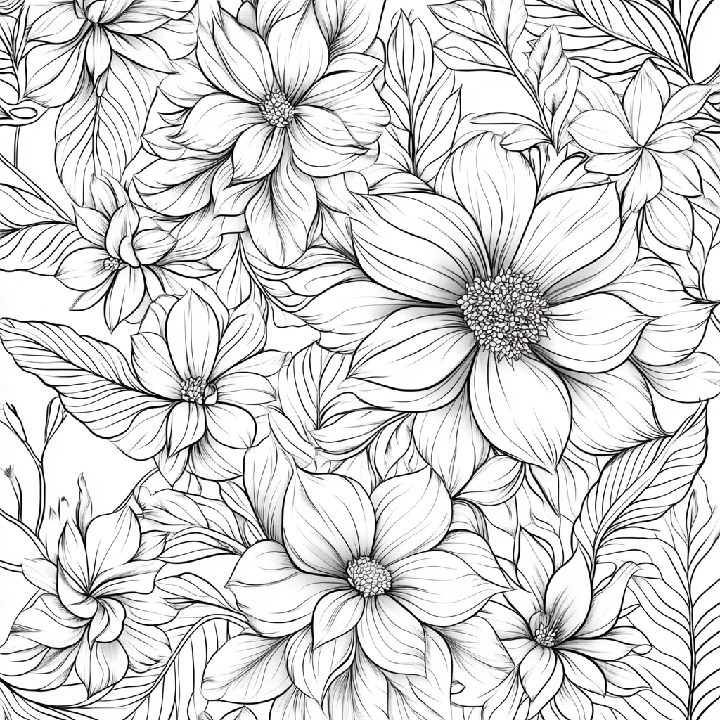 Adult coloring book with botanical theme, elegant with clean lines.