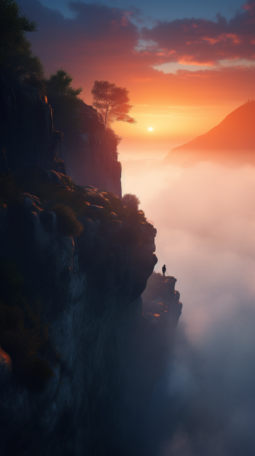 Adventurers in misty cliff sunset, awe-inspiring nature harmony.