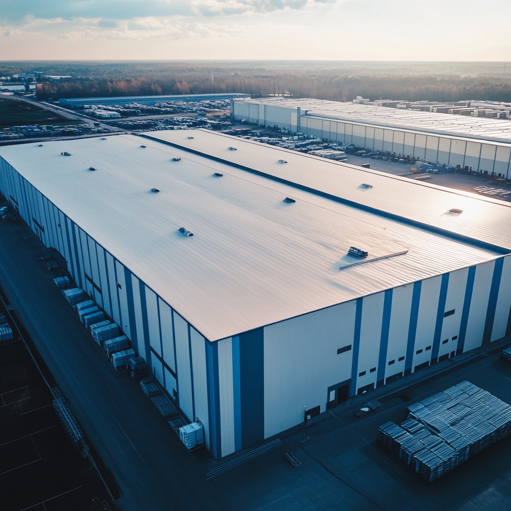 Aerial view of white and blue warehouse roof.