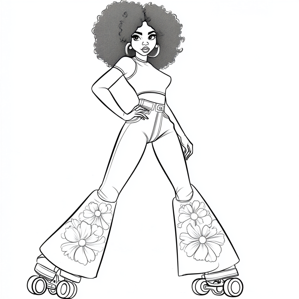 African-American woman in bell bottoms and roller skates.