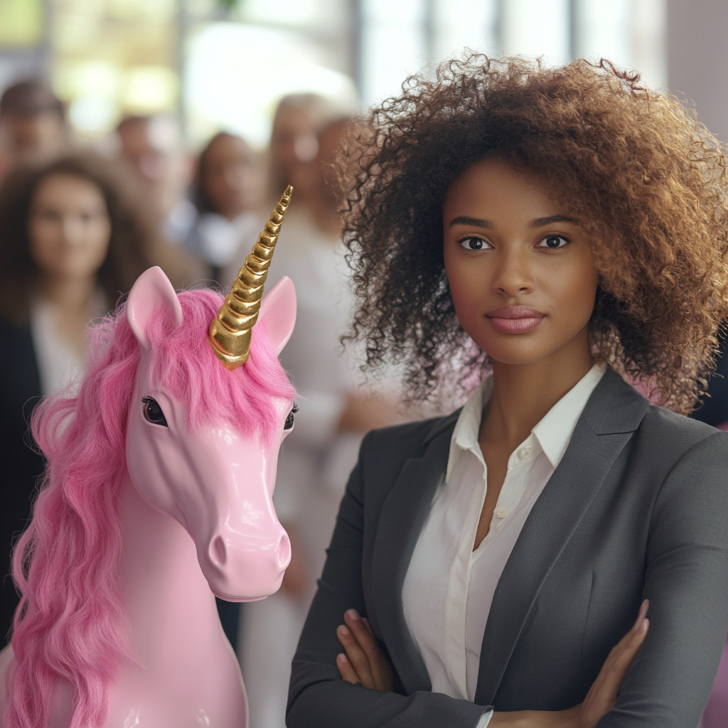 African American woman in business attire with unicorn and colleagues.