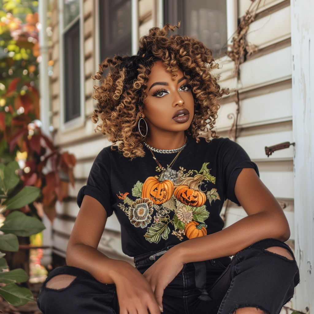 African-American woman with curly hair and fall outfit.