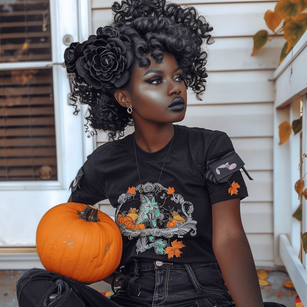 African-American woman with gray ringlet curls and pumpkin.