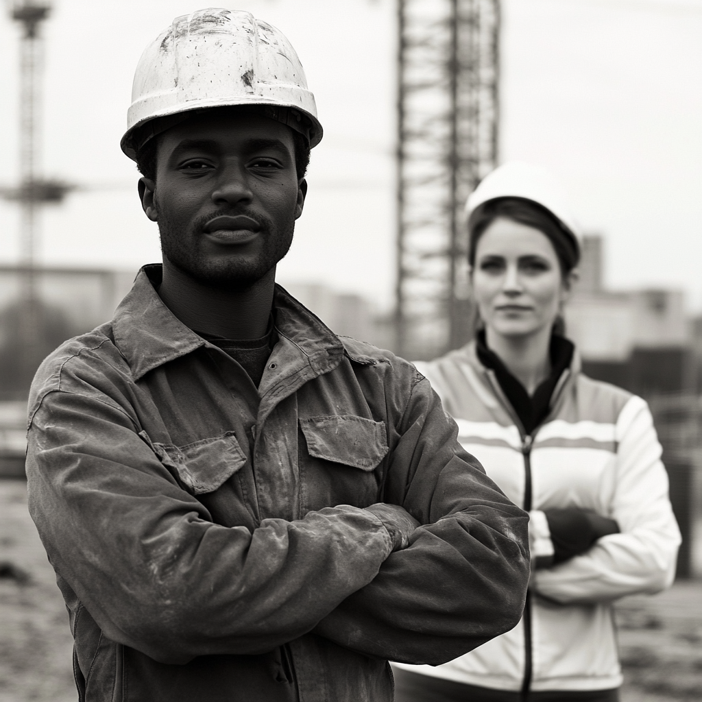 African man, European woman, construction workers in photo.