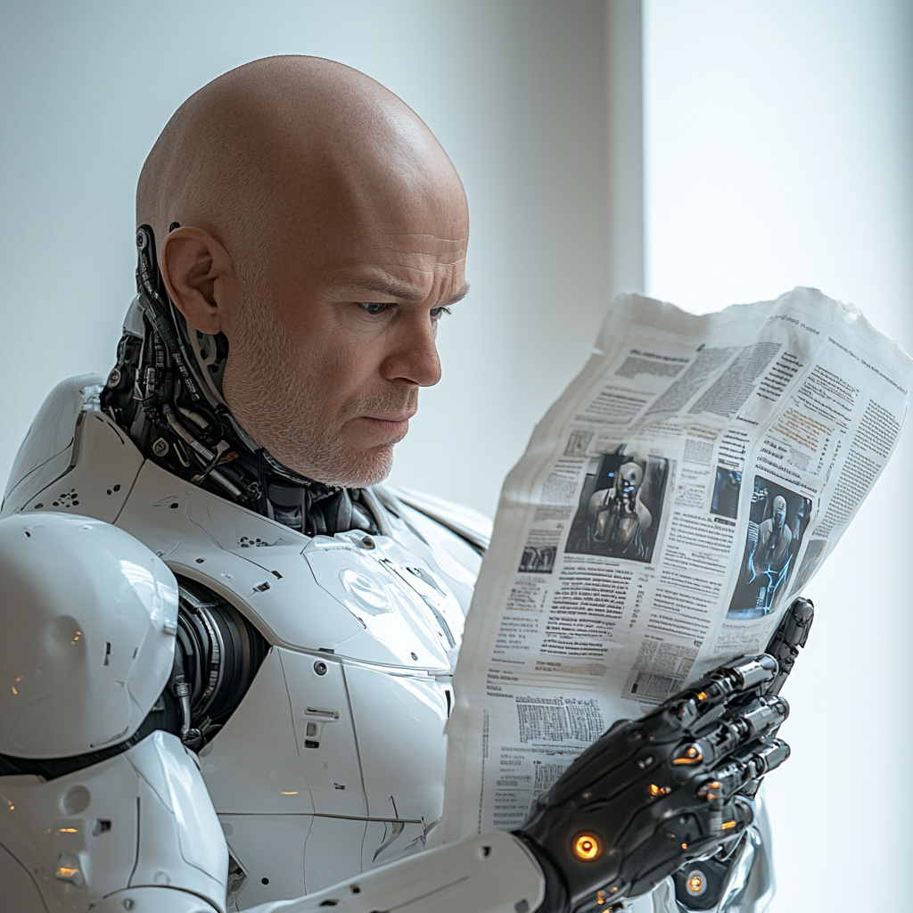 Ai Robot Presents Hologram Newspaper to Bald Swedish Man