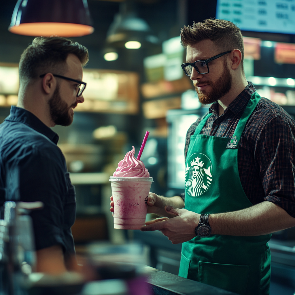 Alien barista in Starbucks apron gives customer drink.