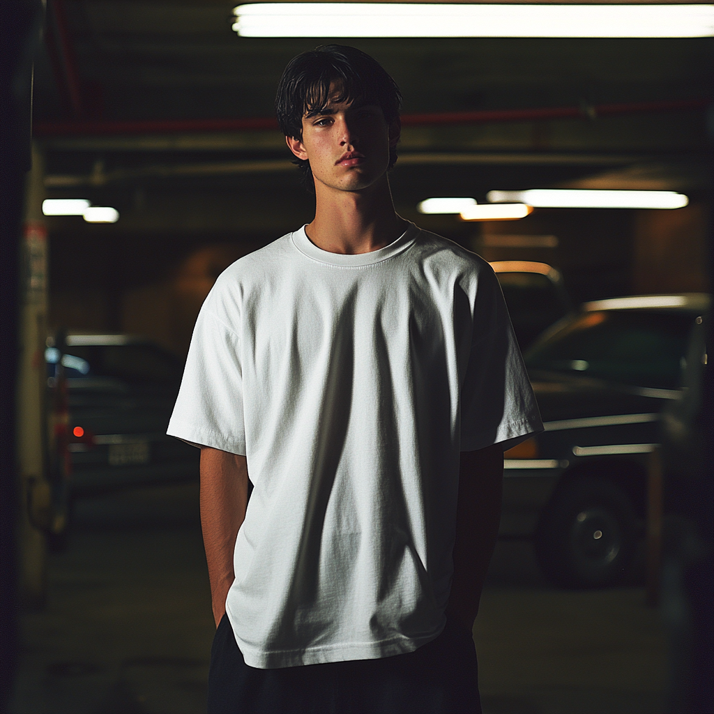 American man modeling white tshirt in car basement. Shot on Kodak Portra 400 film.