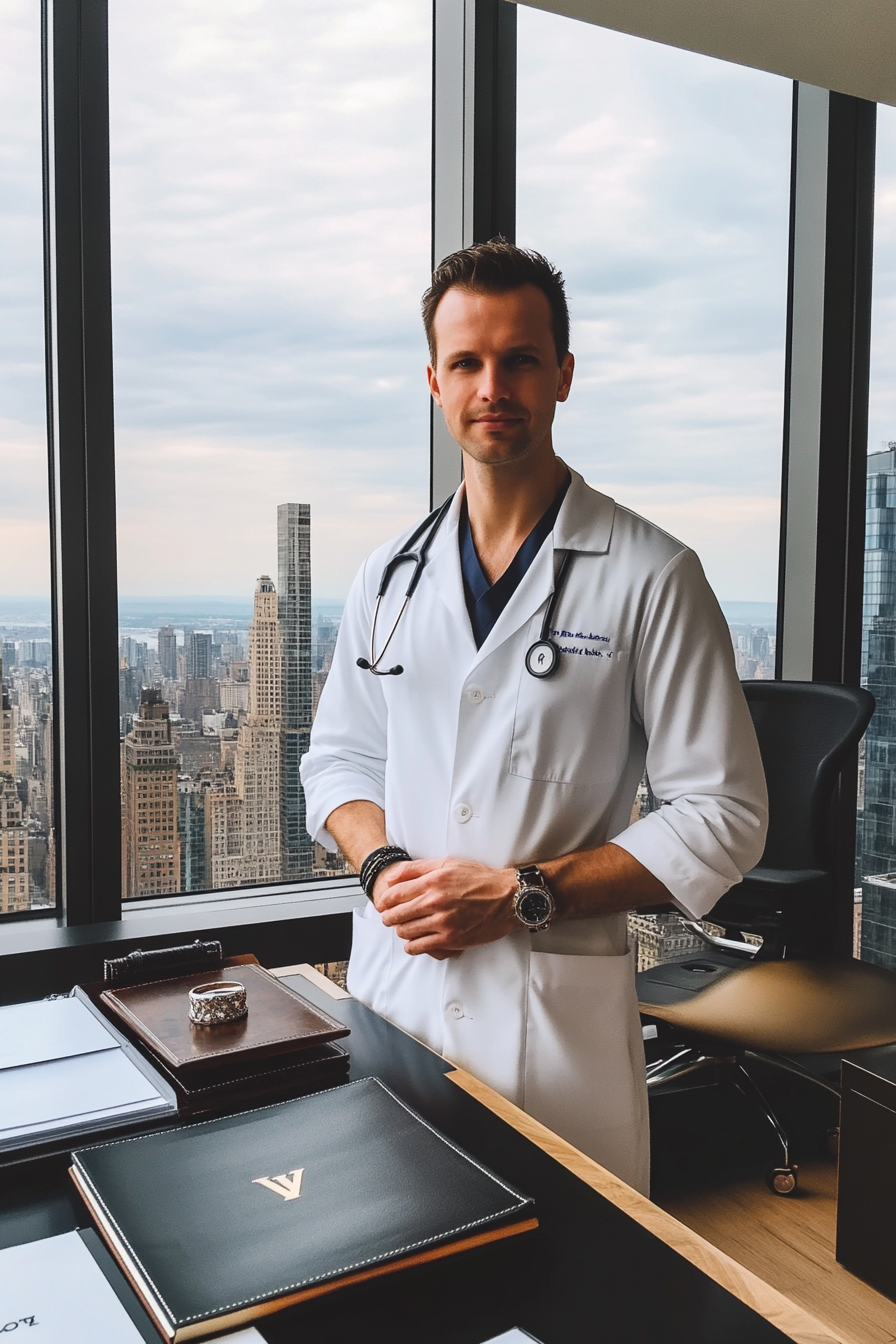 American white male doctor in luxurious office with luxury items.