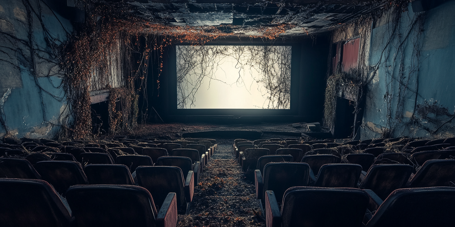 An old movie theatre screen with decaying seats.