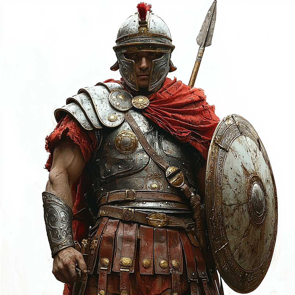 Ancient Roman soldier in red armor with spear and shield.