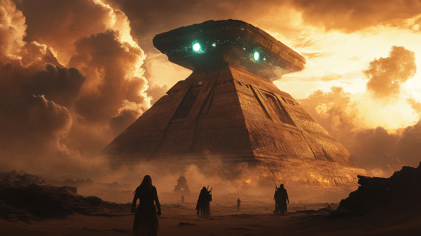 Ancient ziggurat, spaceship, storm clouds, glowing eyes, surreal landscape.