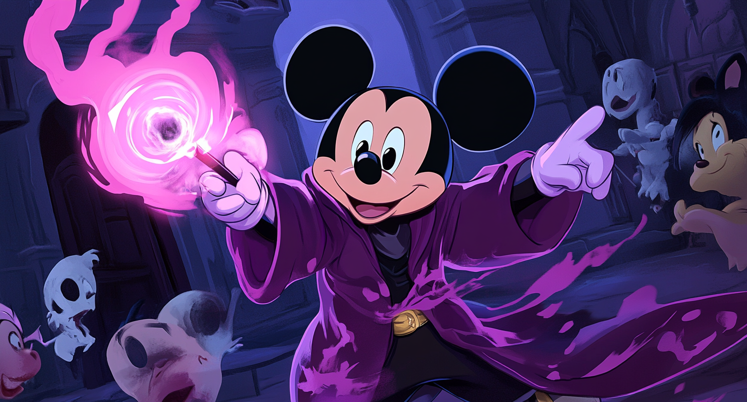 Anime-style Mickey Mouse Mage Casting Pink Magic