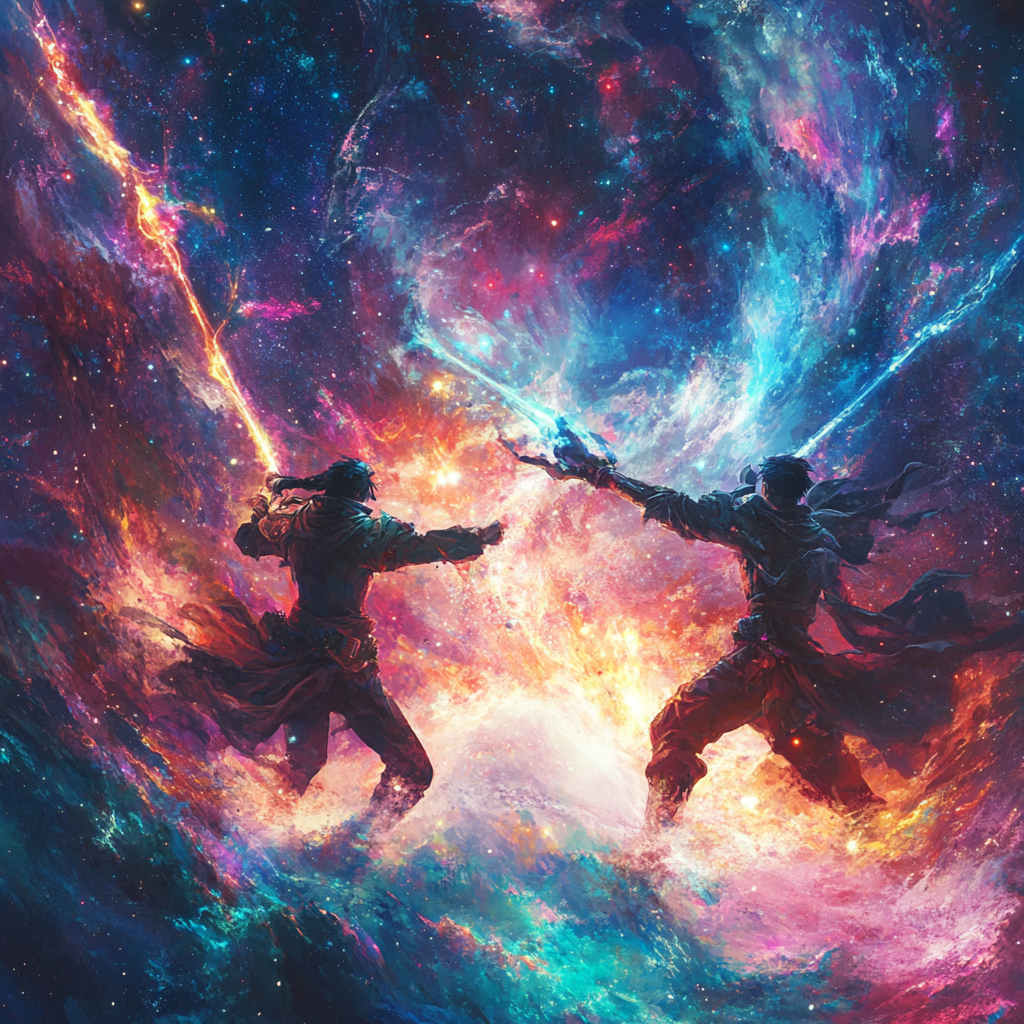 Anime-style warriors in cosmic battle among vibrant nebulae, celestial patterns, glowing constellations.