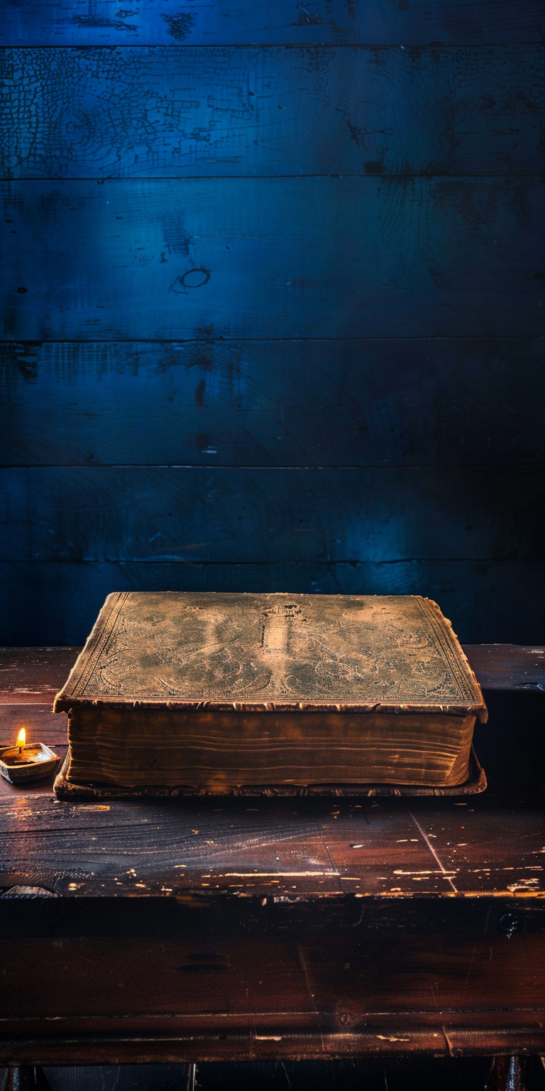 Antique book on wide table in dark library.