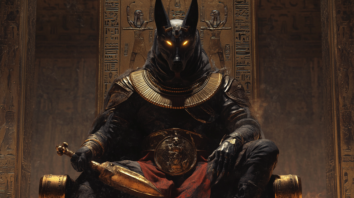 Anubis mobster with golden eyes on deathly throne