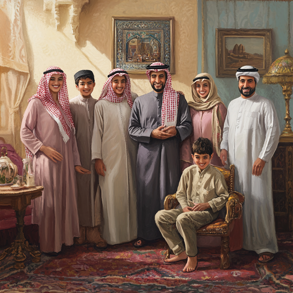 Arab family, Gulf, living room, sons, daughters, father, boy, realistic.