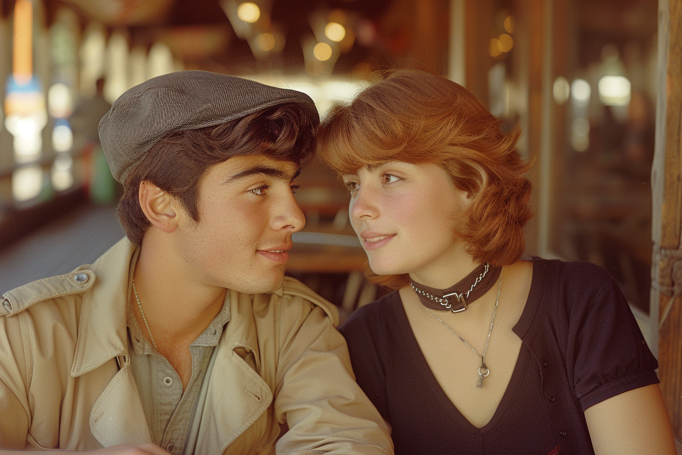 Argentinian man in trenchcoat looking lovingly at redhead girl.