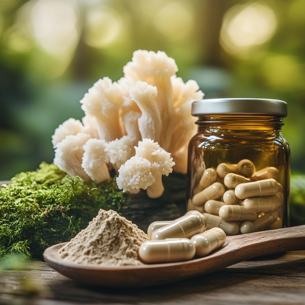 Arrangement of Lion's Mane mushroom supplements on display.