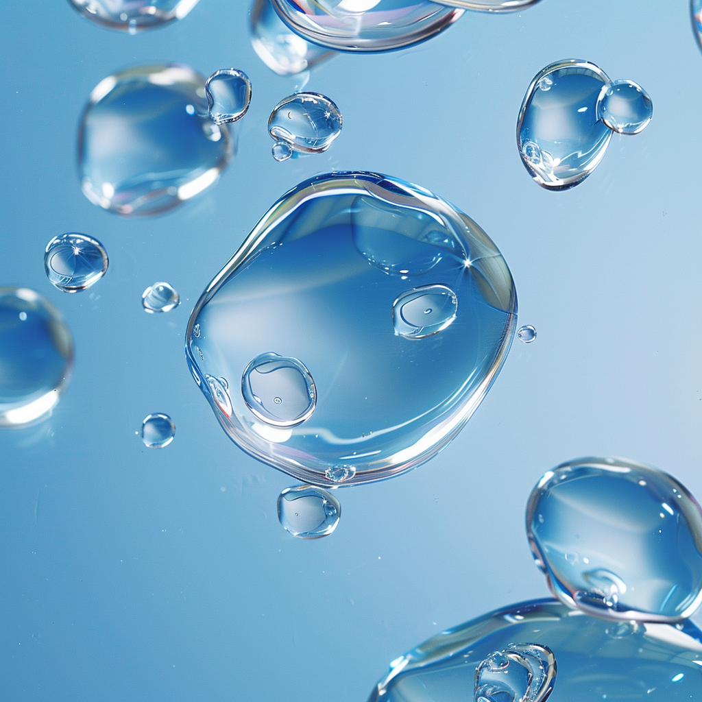 Artistic transparent water droplets on medium blue background