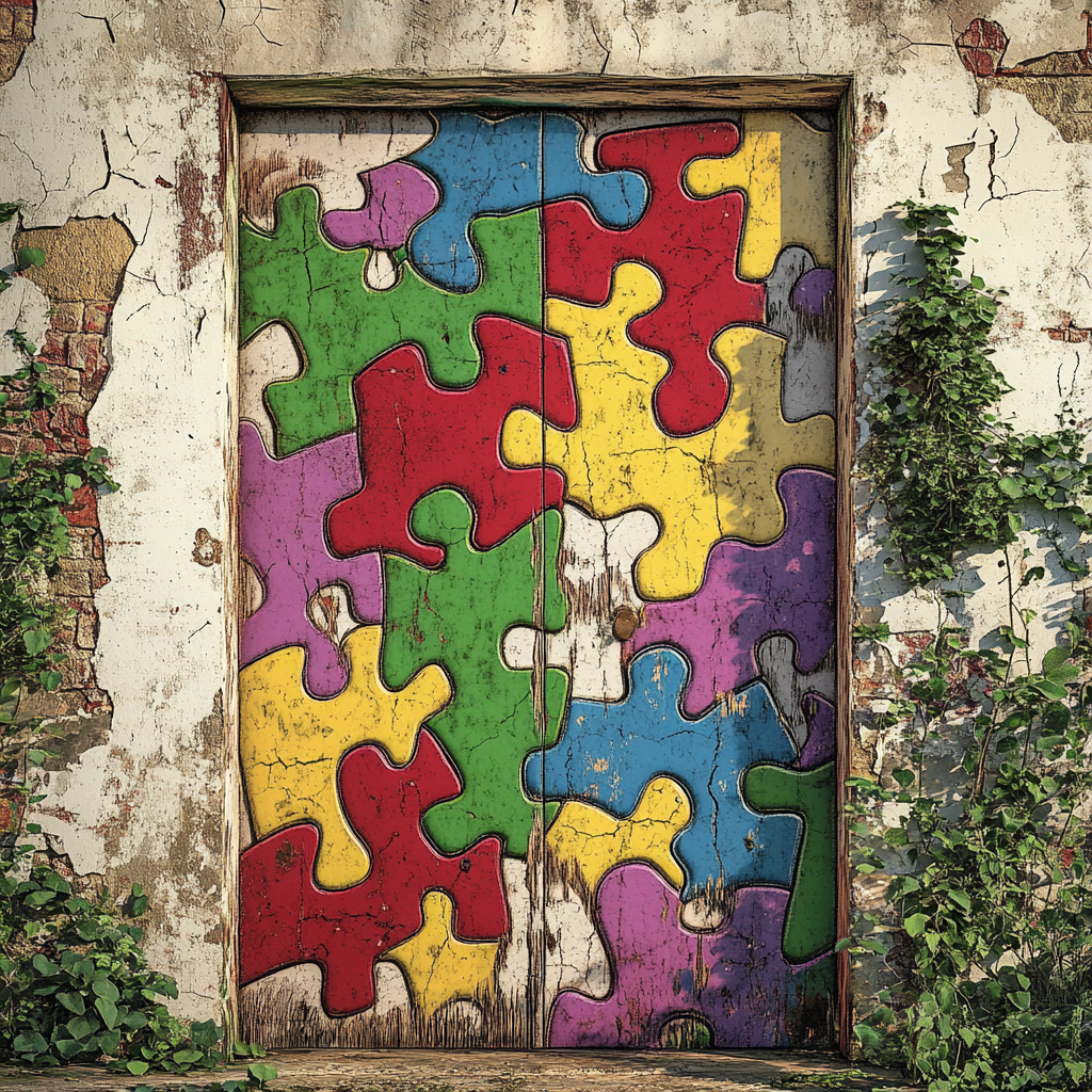 Artistically hand-painted, interlocking puzzle door in vibrant colors.