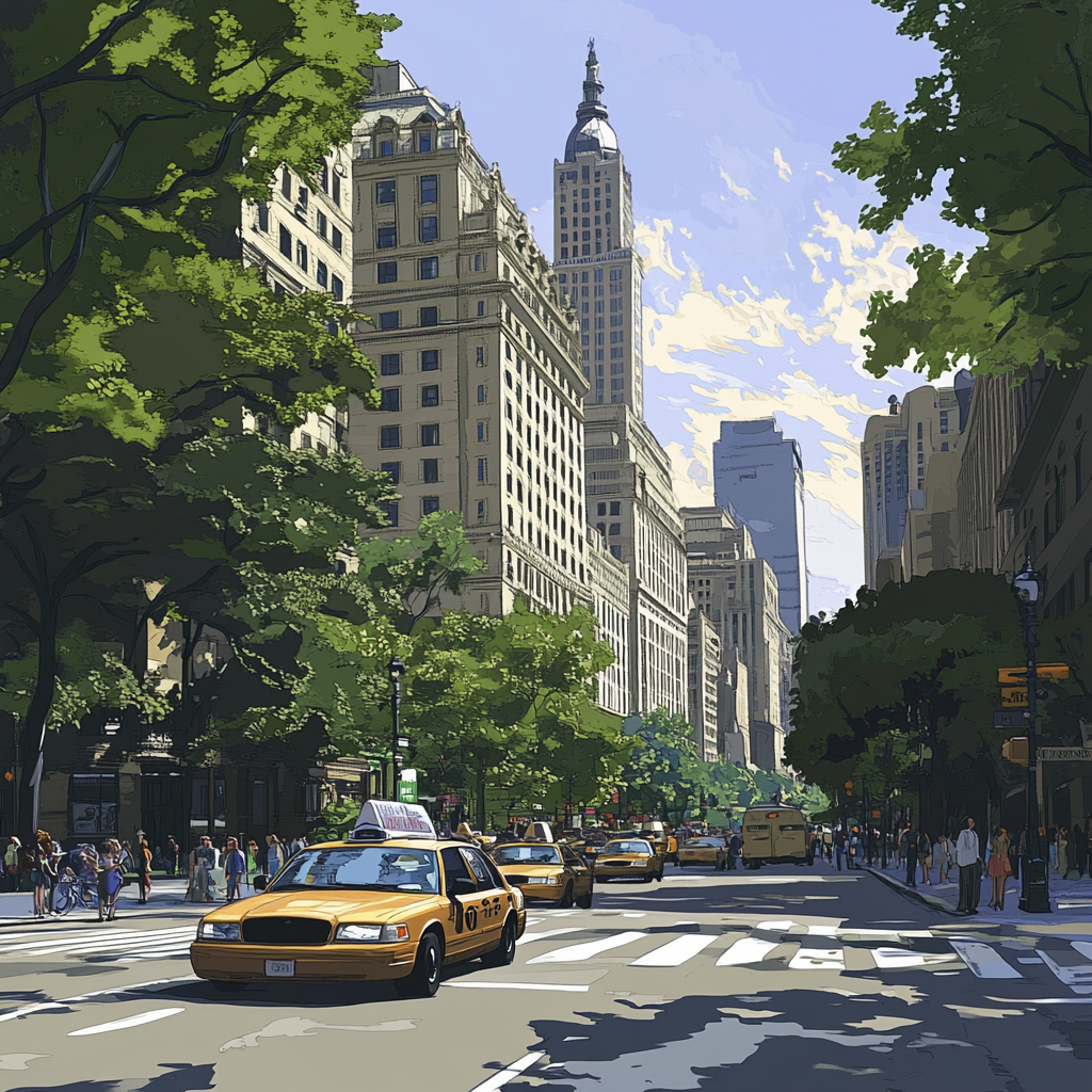 Artwork of GTA 5 in Manhattan plaza, cel shading.