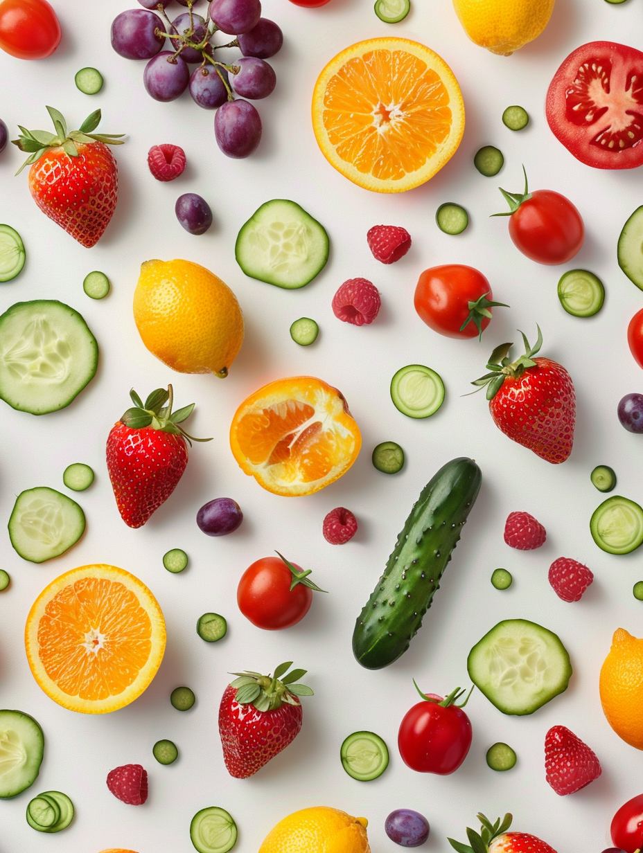 Assorted Fresh Fruits and Vegetables on White Background