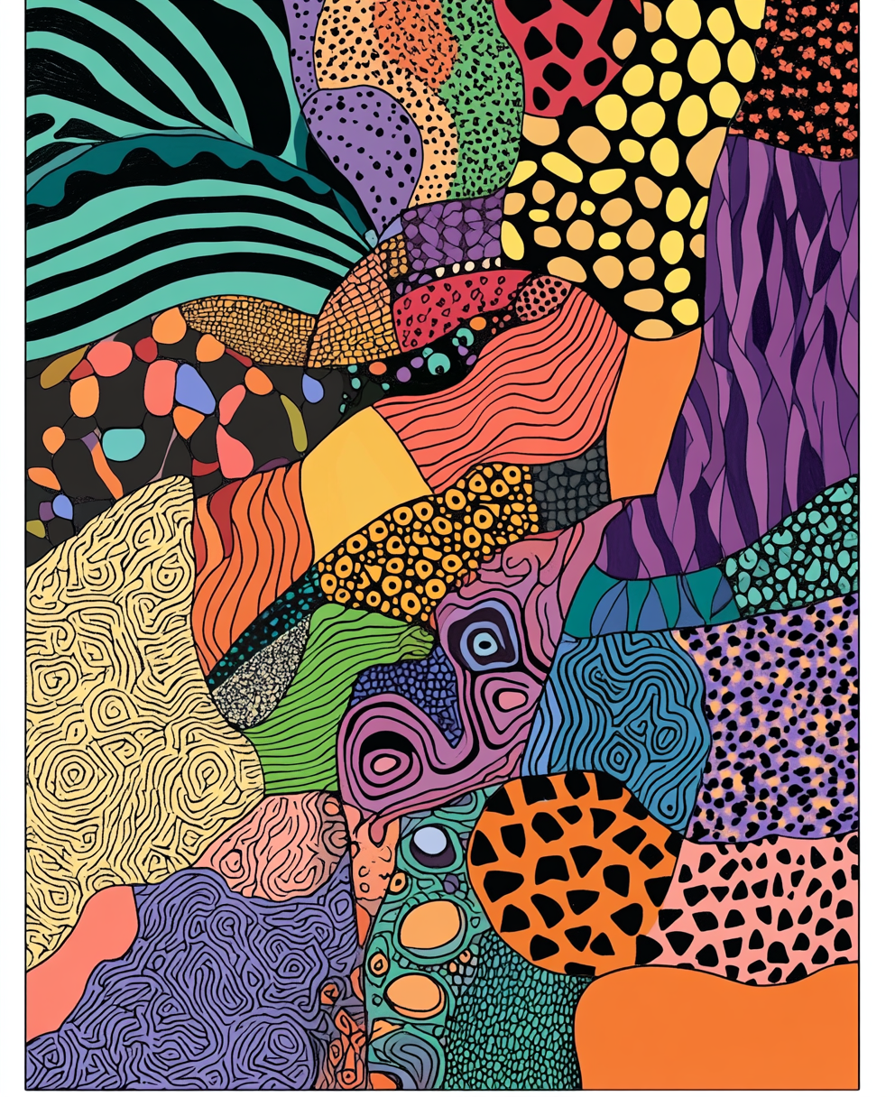 Assorted color page with intricate patterns and designs.