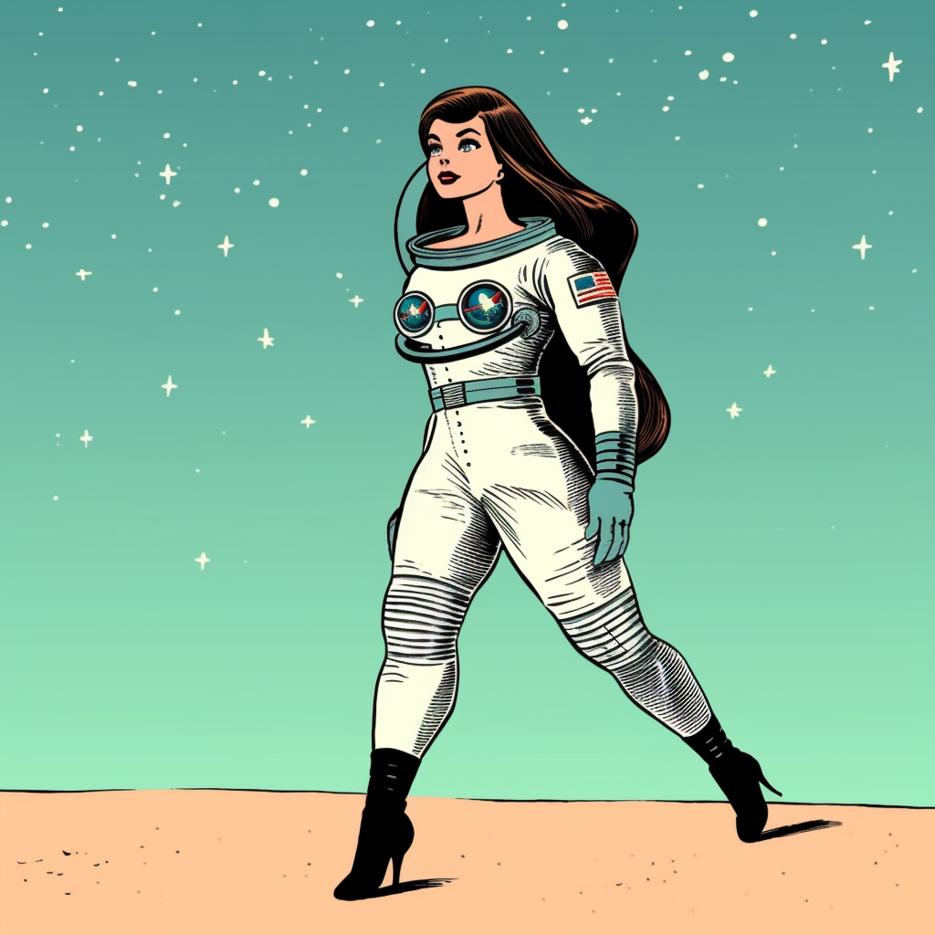 Astronaut pin-up babe in space, cute vintage style.