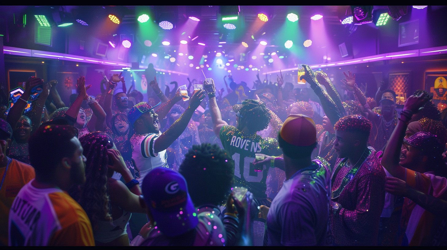 Athletes and politicians party under colorful nightclub lights, dancing.