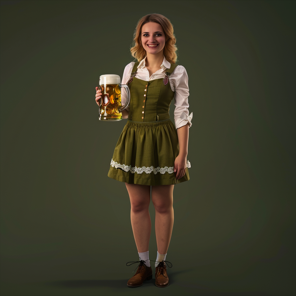 Attractive Oktoberfest woman in green dirndl holding beer mug