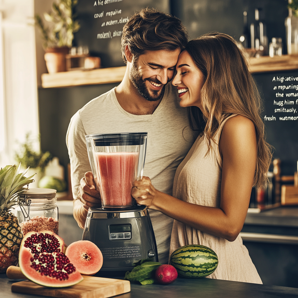 Attractive couple in modern kitchen making fresh juice.