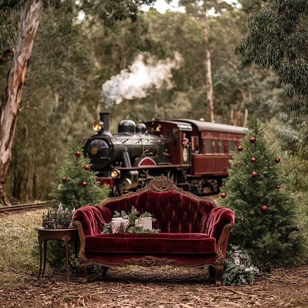 Australian bush Christmas scene with vintage steam train.