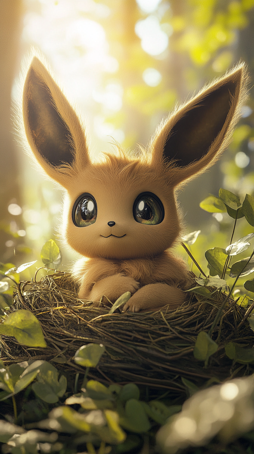 Baby Eevee in grass nest, sunny meadow, excited.