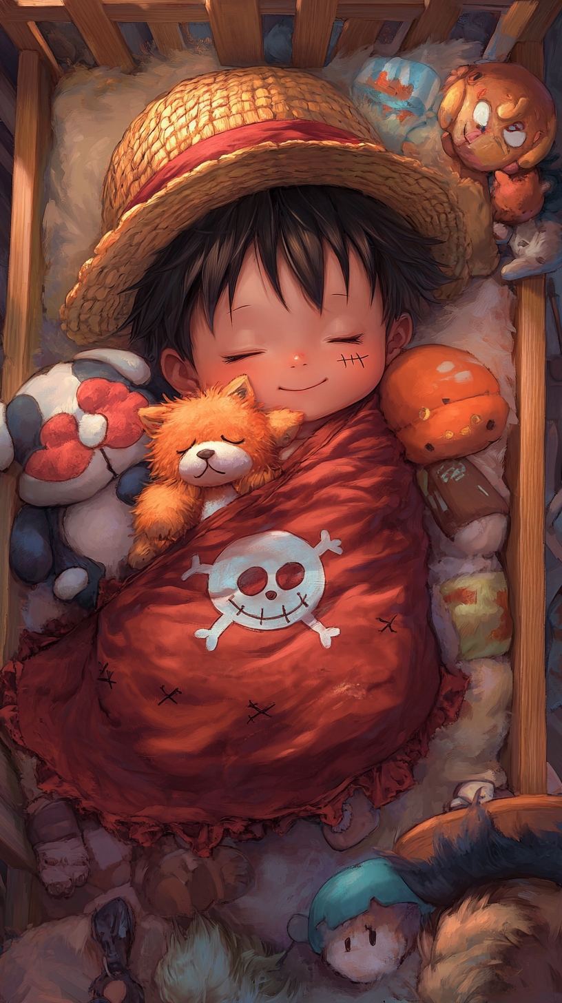 Baby Luffy sleeping in a cozy pirate-themed crib.