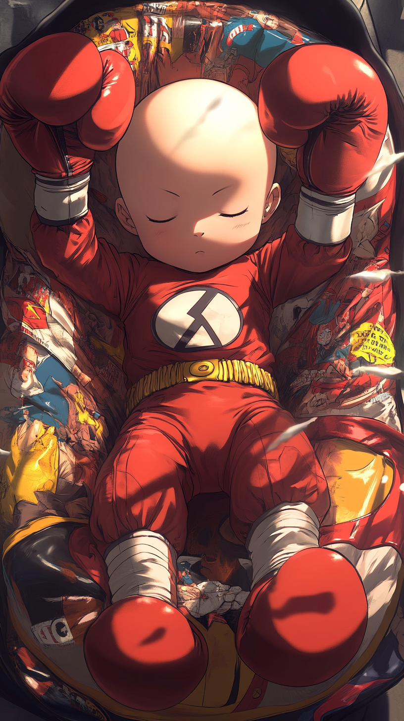 Baby Saitama in cute cradle with superhero decorations.