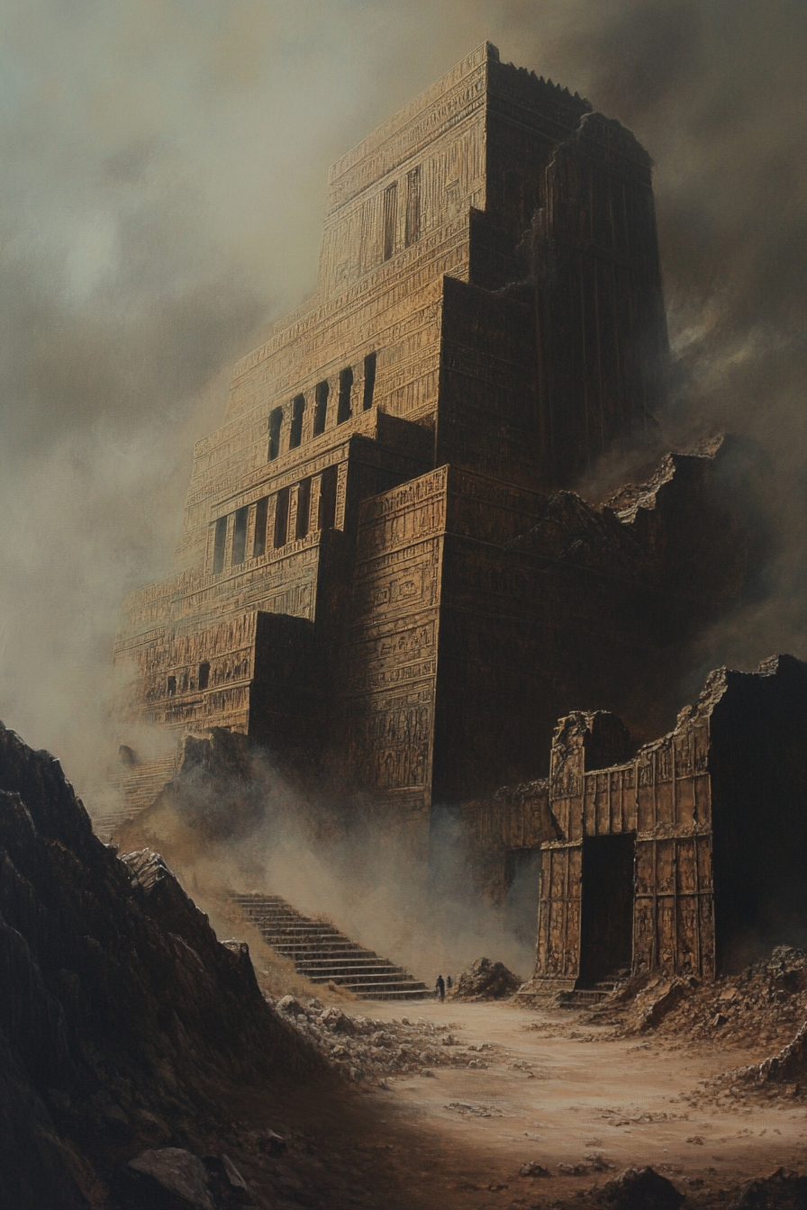 Babylonian temple painting in dark fantasy style on canvas.