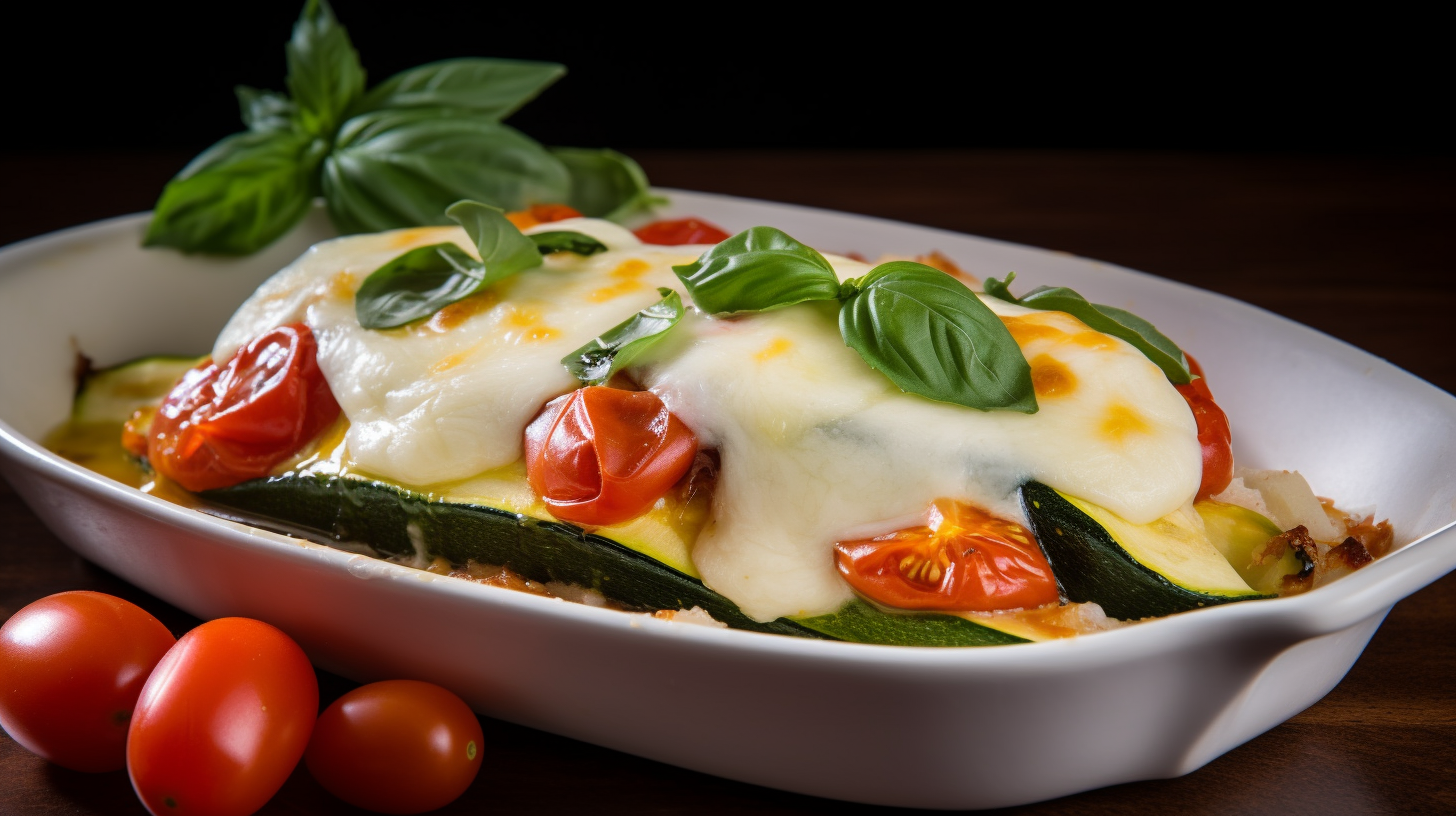 Baked zucchini and tomatoes with melted mozzarella cheese.