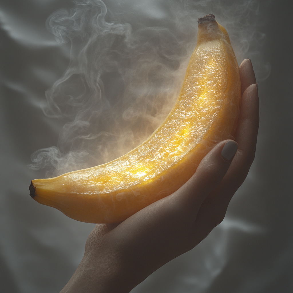 Banana in hand, skin peeled, emitting steam. Surrealistic.