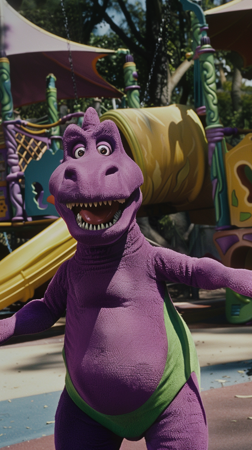 Barney the Dinosaur in Retro Playground Scene