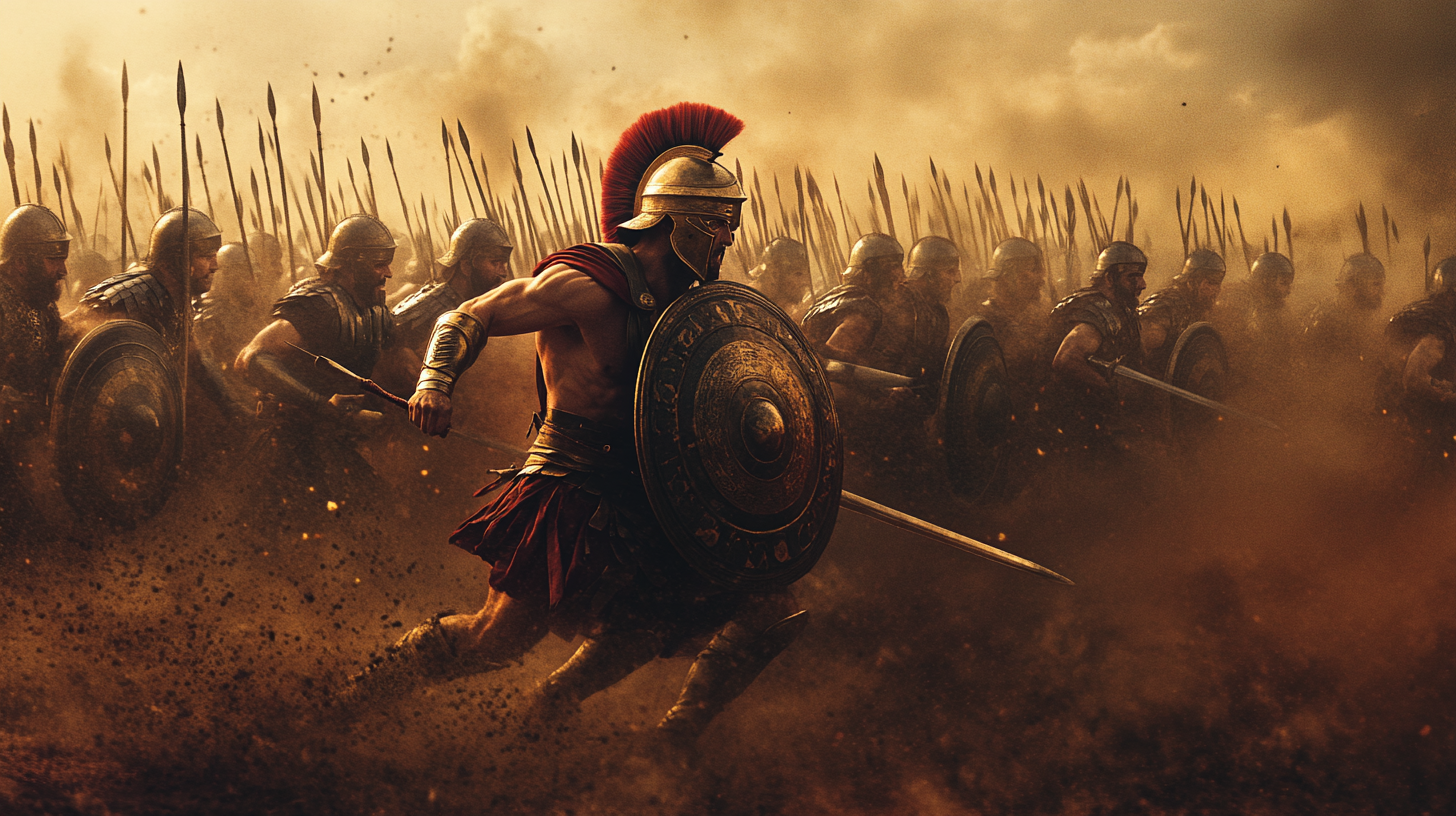 Battle between Greek and Persian warriors, chaotic and intense.